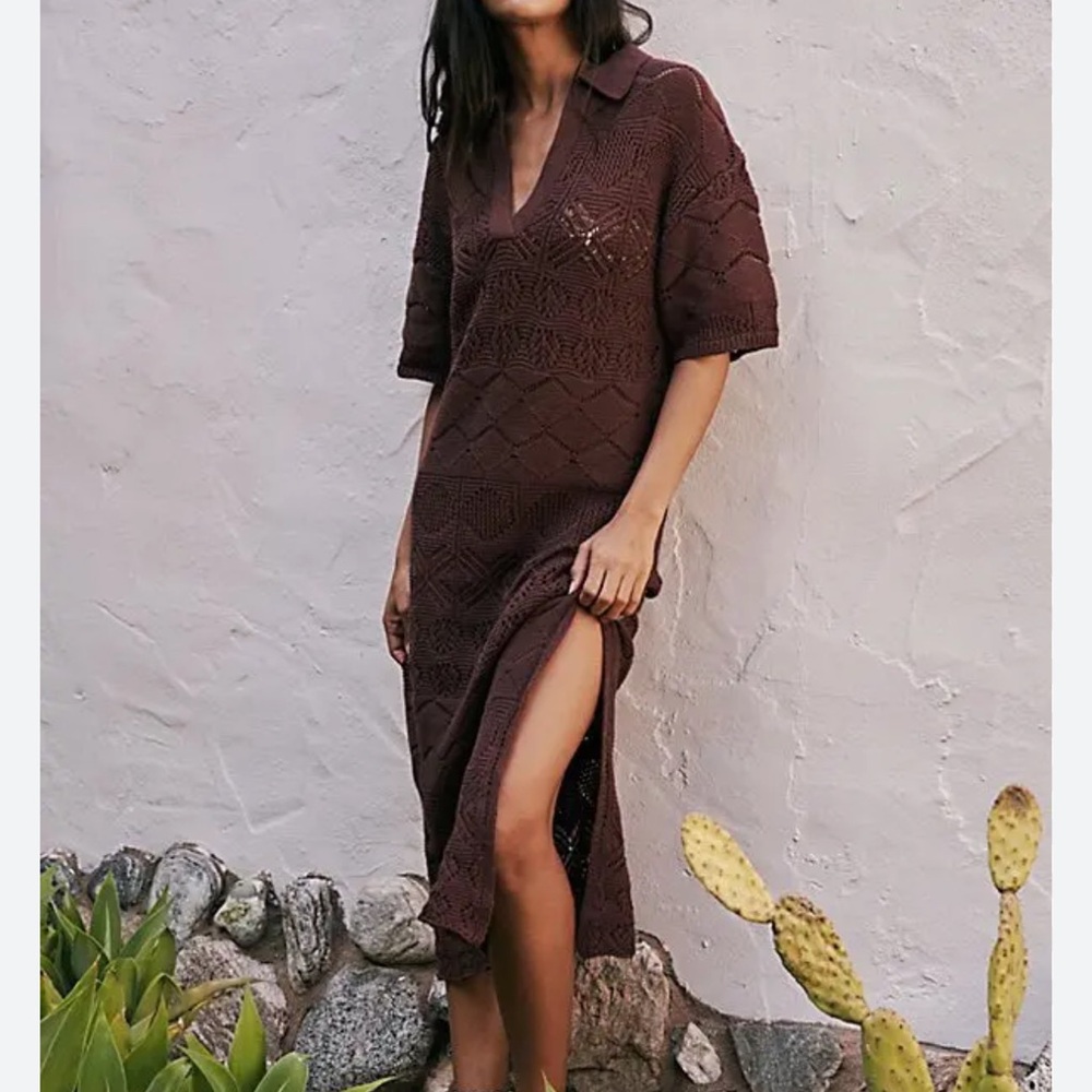 Free People Brown Crochet Knit Swim Coverup Dress